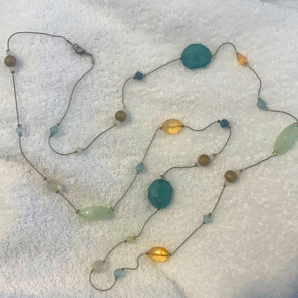 Long Teal, Amber, Clear & Wood Necklace